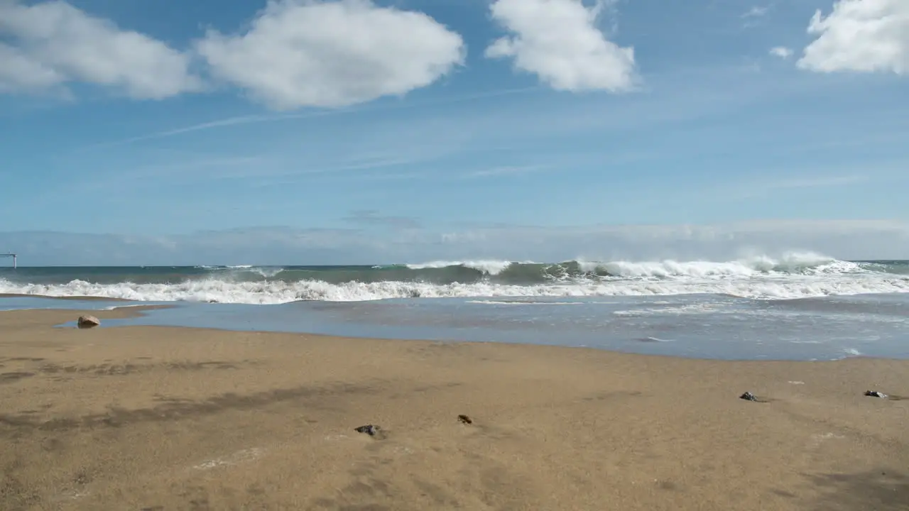 Sea waves roll on the wet sandy shore