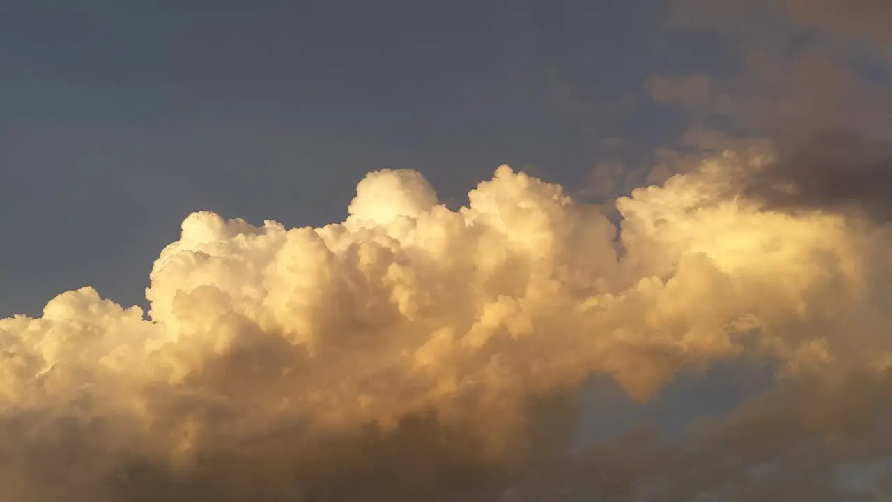 Towering cumulus stage clouds illuminated by the sunset growing and forming taller as a darker clouds passes in front shrouding the view of the rising thunderstorm in the making