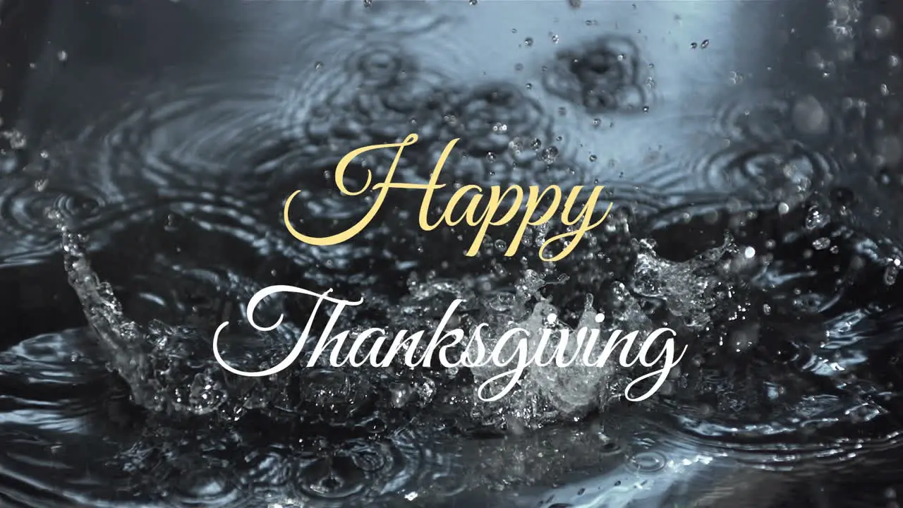 Animation of happy thanksgiving text banner against slow motion of a bottle falling in the water