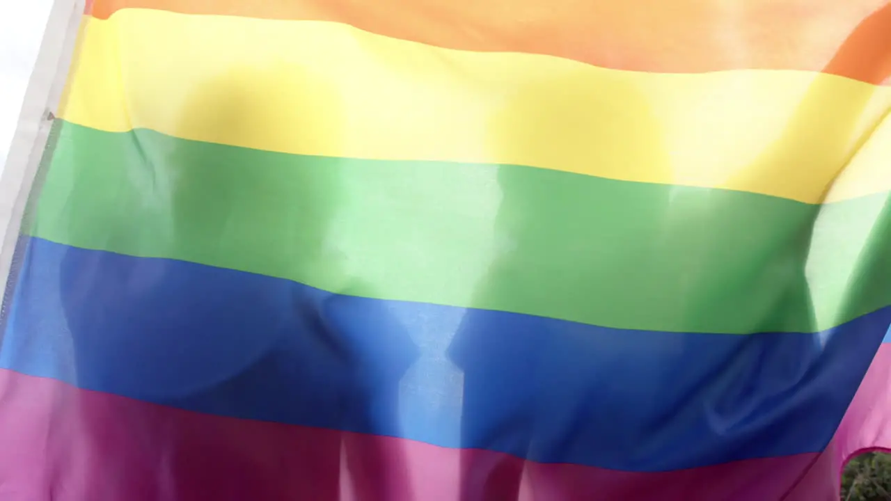 Diverse gay male couple holding rainbow lgbt flag in slow motion