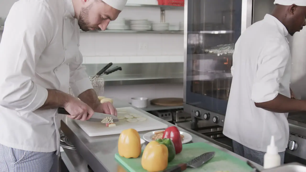 Two diverse male chefs cutting vegetables in kitchen slow motion