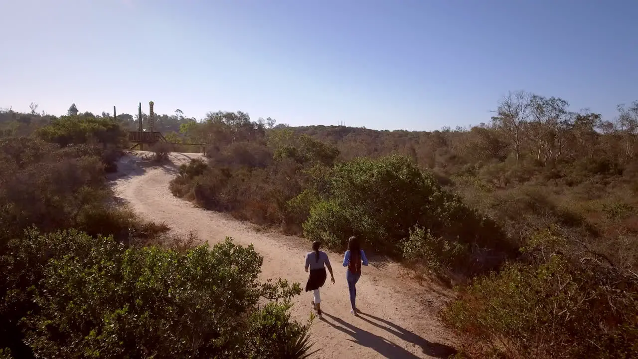 Aerial follow shot of mother walking with her adult daughter