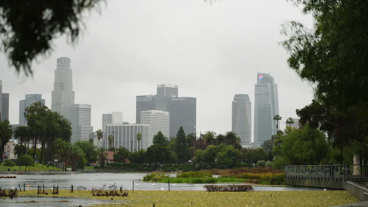 A Wide Shot of the Downtown of LA Skyline in the Rain During the Atmospheric River Flooding