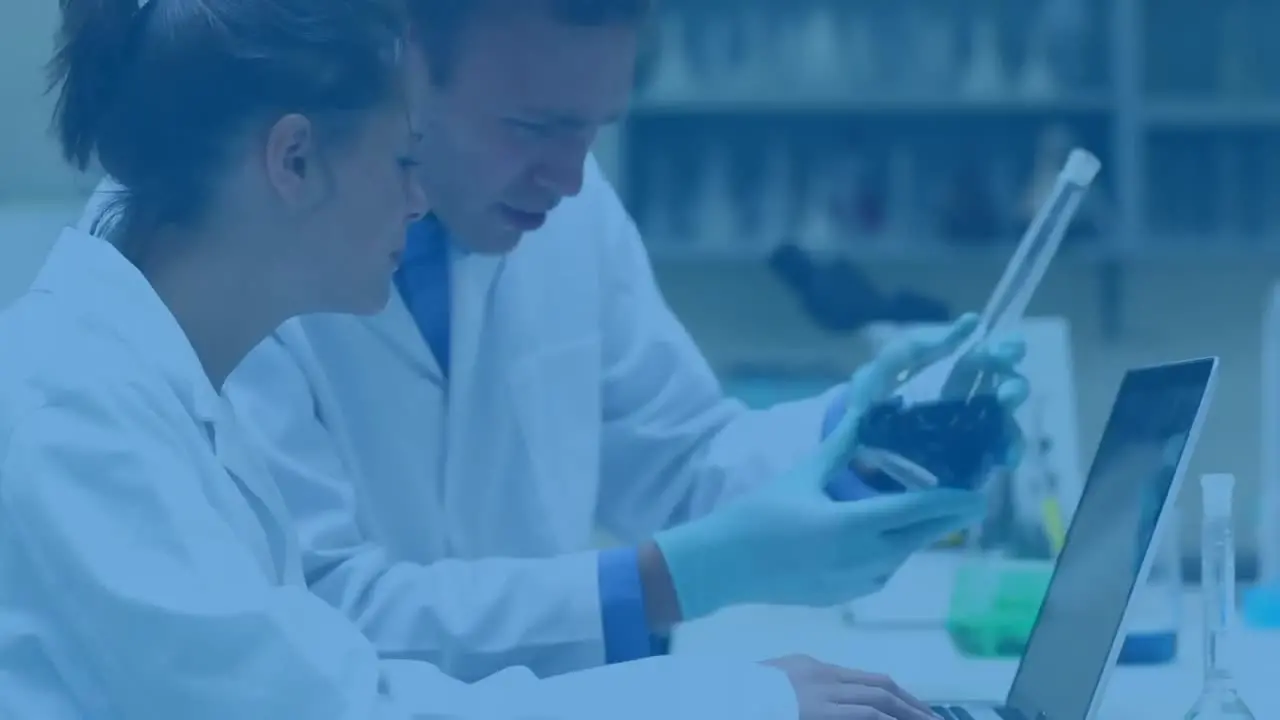 Scientsis working in lab with floating white molecules in foreground