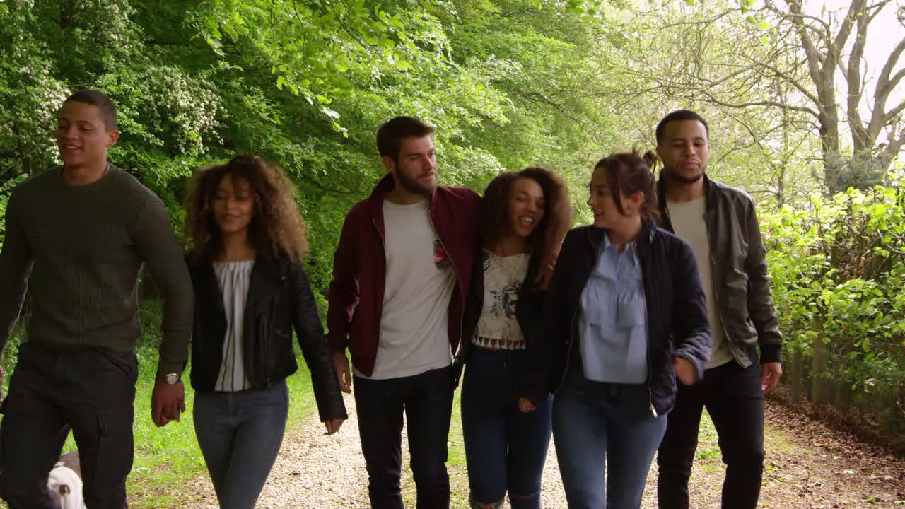 Young couples talk while walking in a country lane shot on R3D