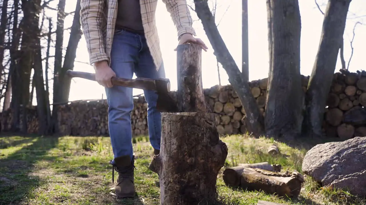 Bottom view of caucasian man chopping firewood with an ax in the countryside