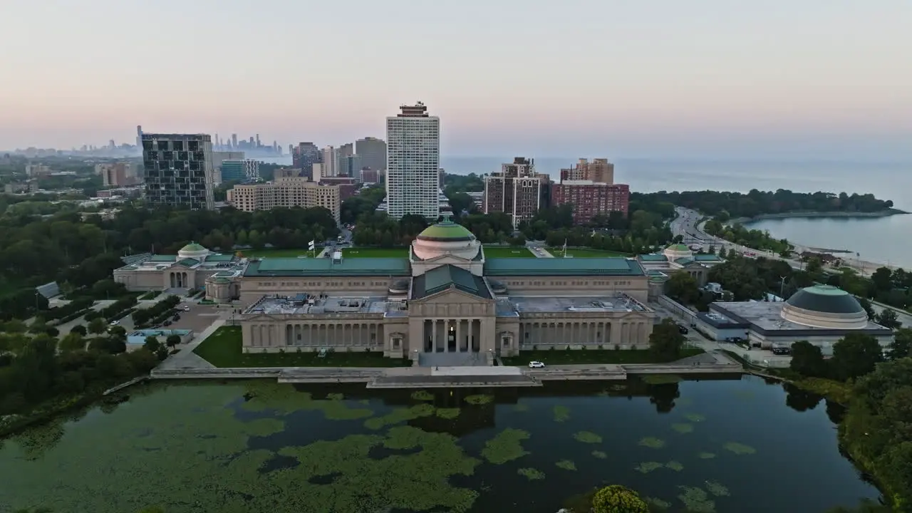 Aerial view over the Museum of Science and Industry sunrise in Chicago USA