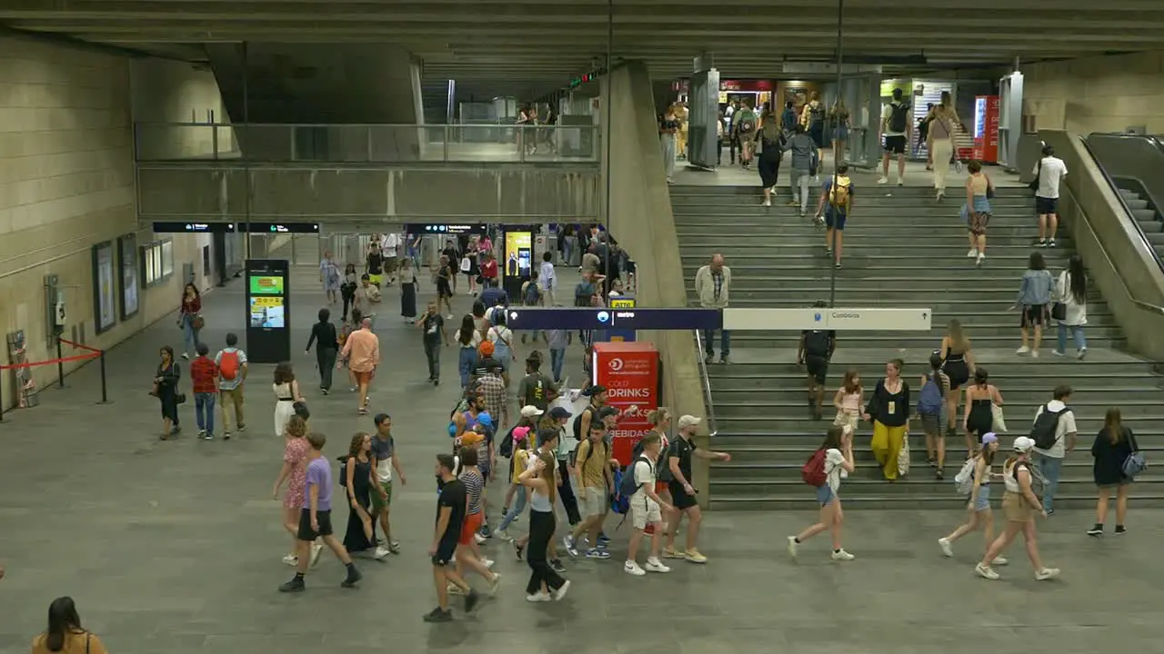 Super slow motion Rush hour subway station of Cais do Sodré Lisbon