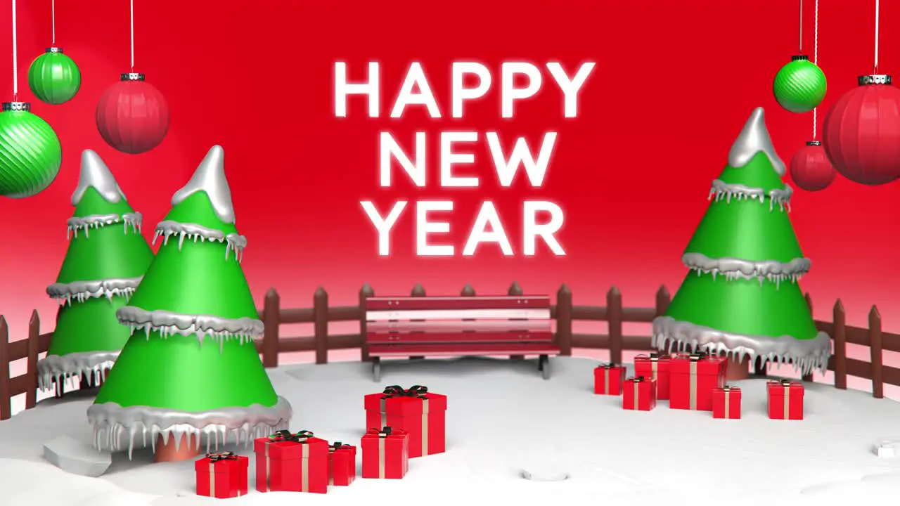 Happy New Year Scene With Xmas Noel Tree and Red Gift Box on Red Cyc