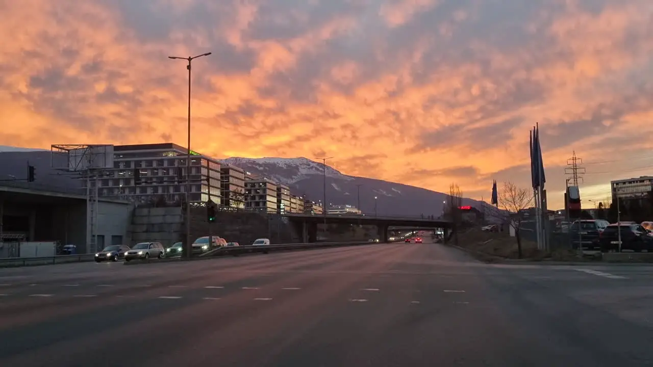 Sofia south ring road and Cherni Vrah the summit of Vitosha Mountain at sunset