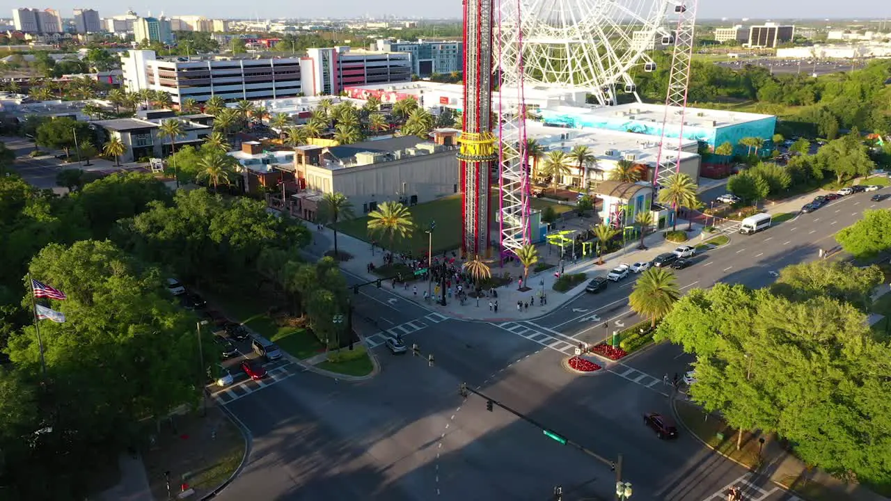 4K drone clip orbiting above ICON Park's Freefall vigil ceremony on I-Drive