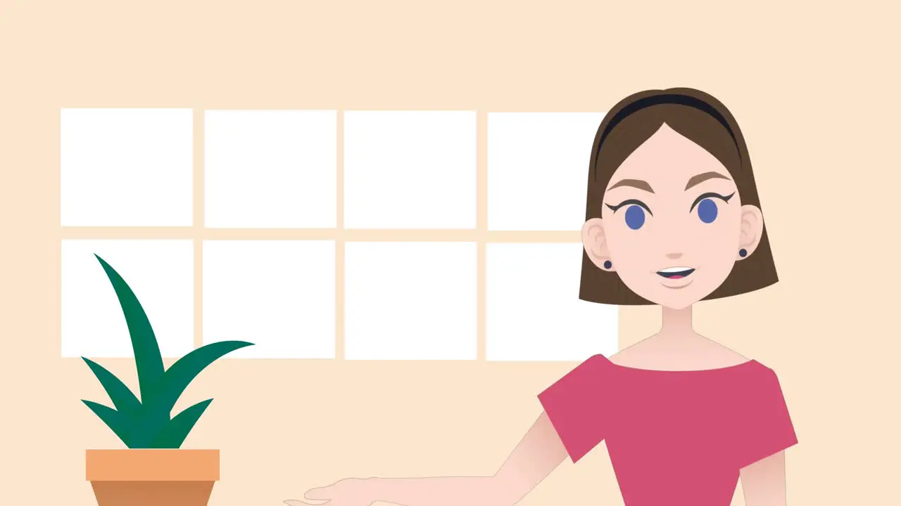 Animation of caucasian businesswoman making presentation with flower on orange background