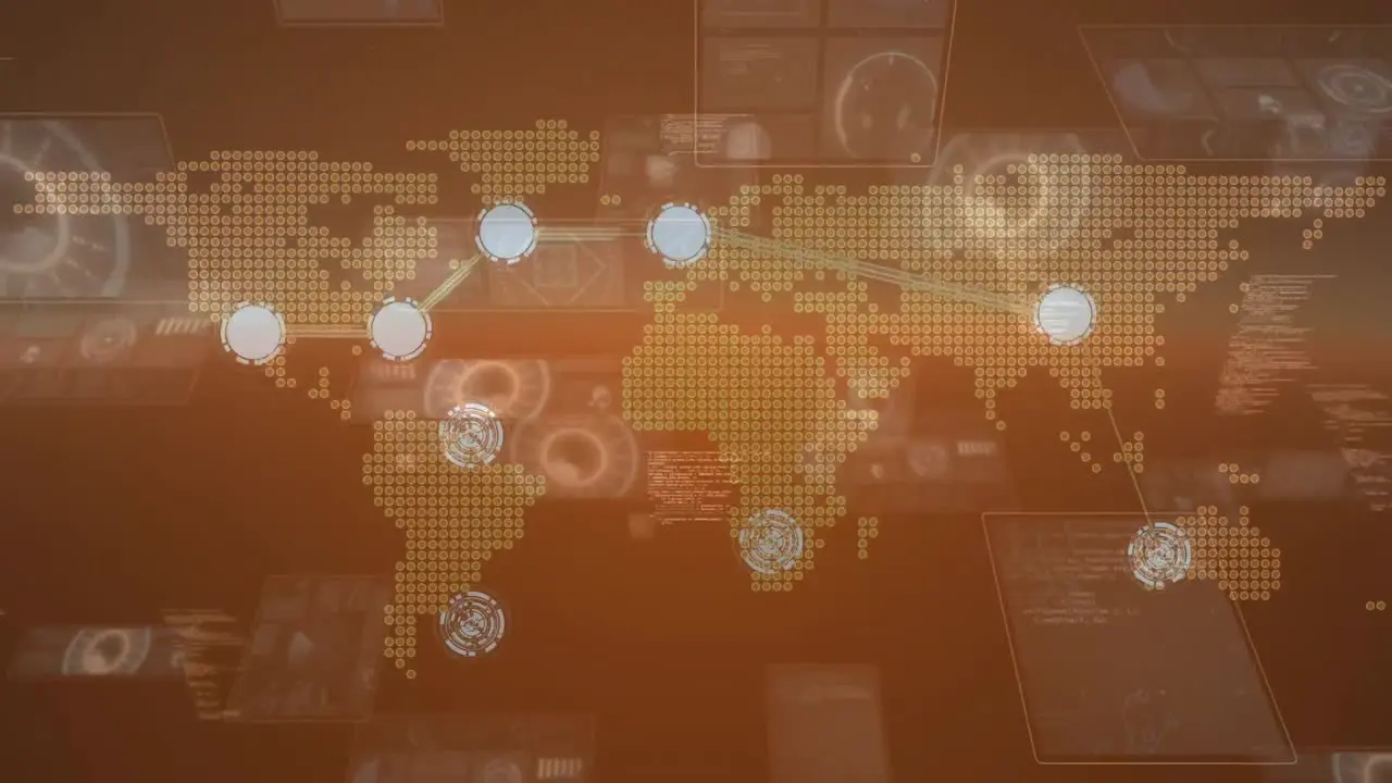 Animation of world map network of connections and data processing on orange background