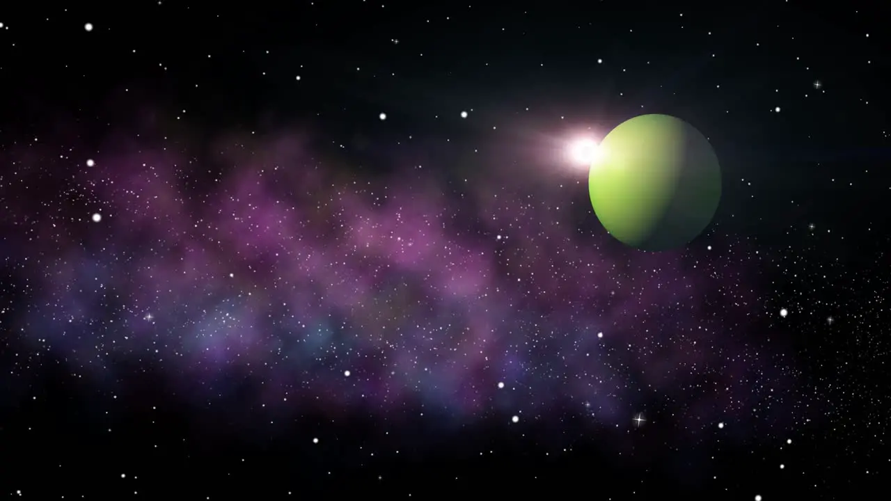 Sun star emerging from behind a green planet in outer space with a colorful nebula in the distance