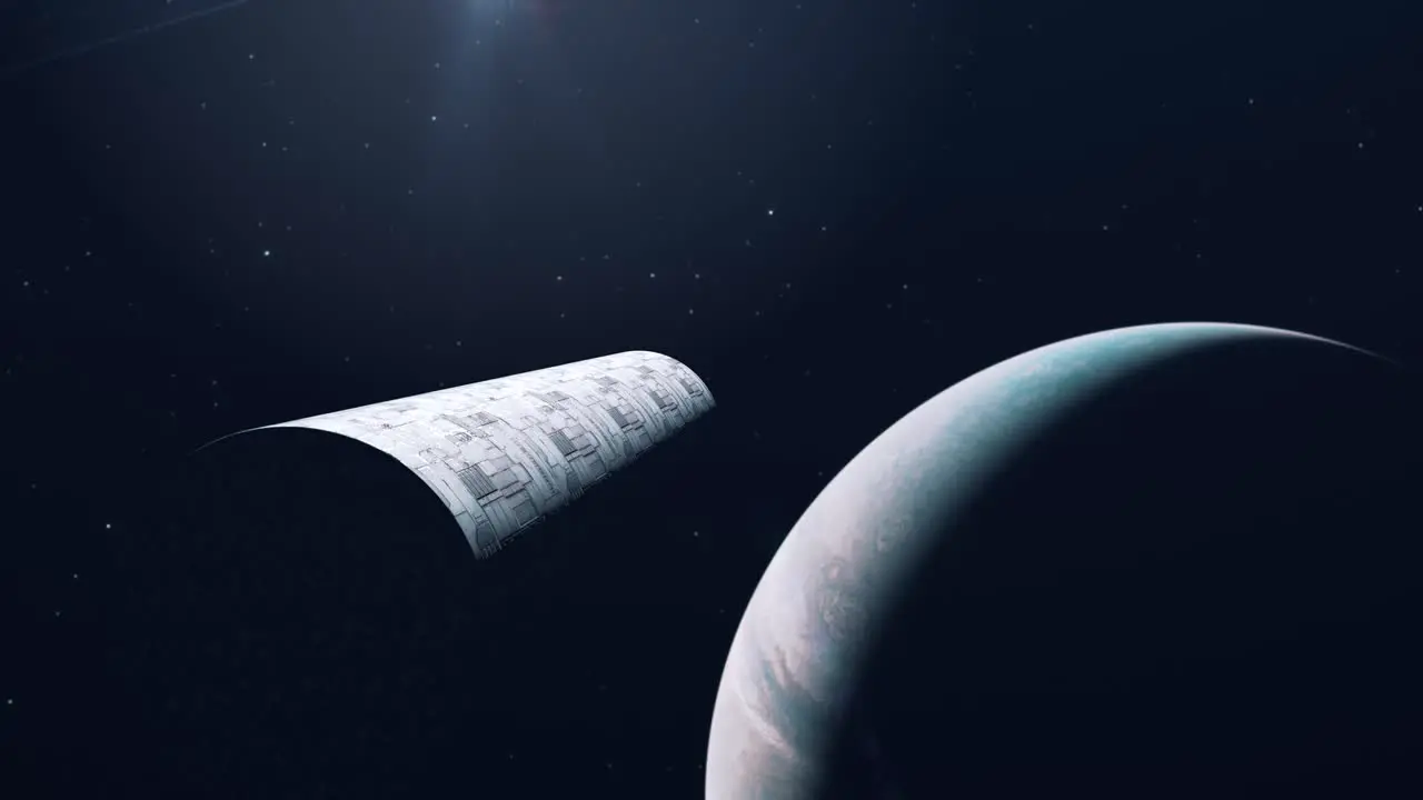 Large Cylindrical Spaceship Entering the Solar System by Jupiter