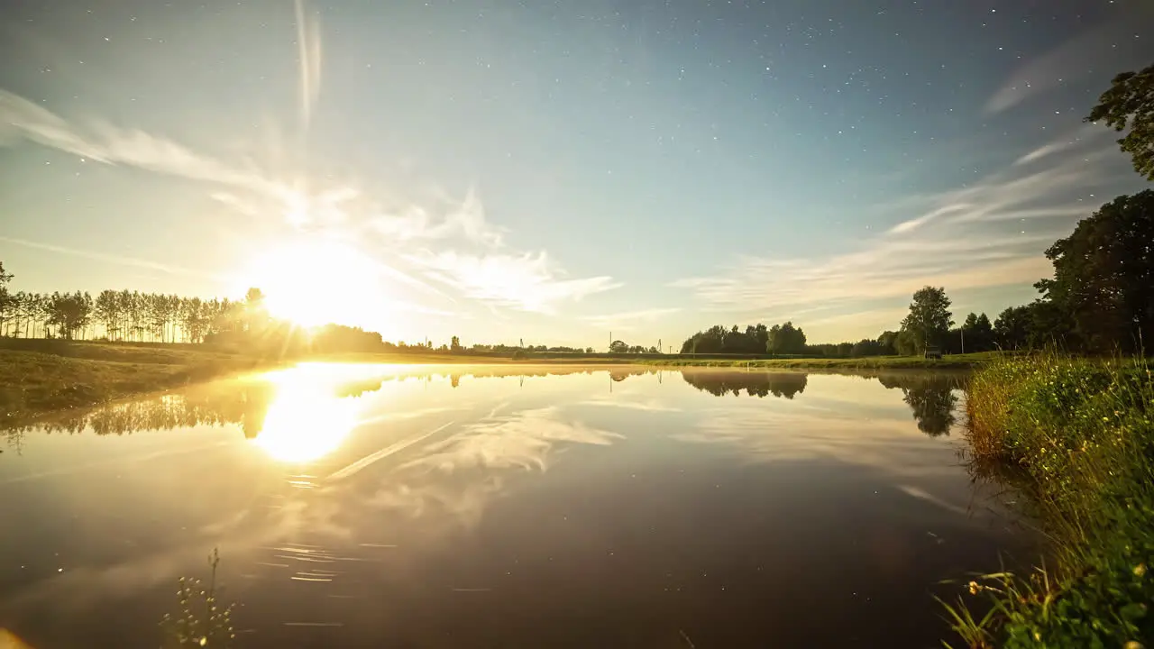 Amazing sunrise to sunset all day time lapse with the sky reflecting off the surface of a lake