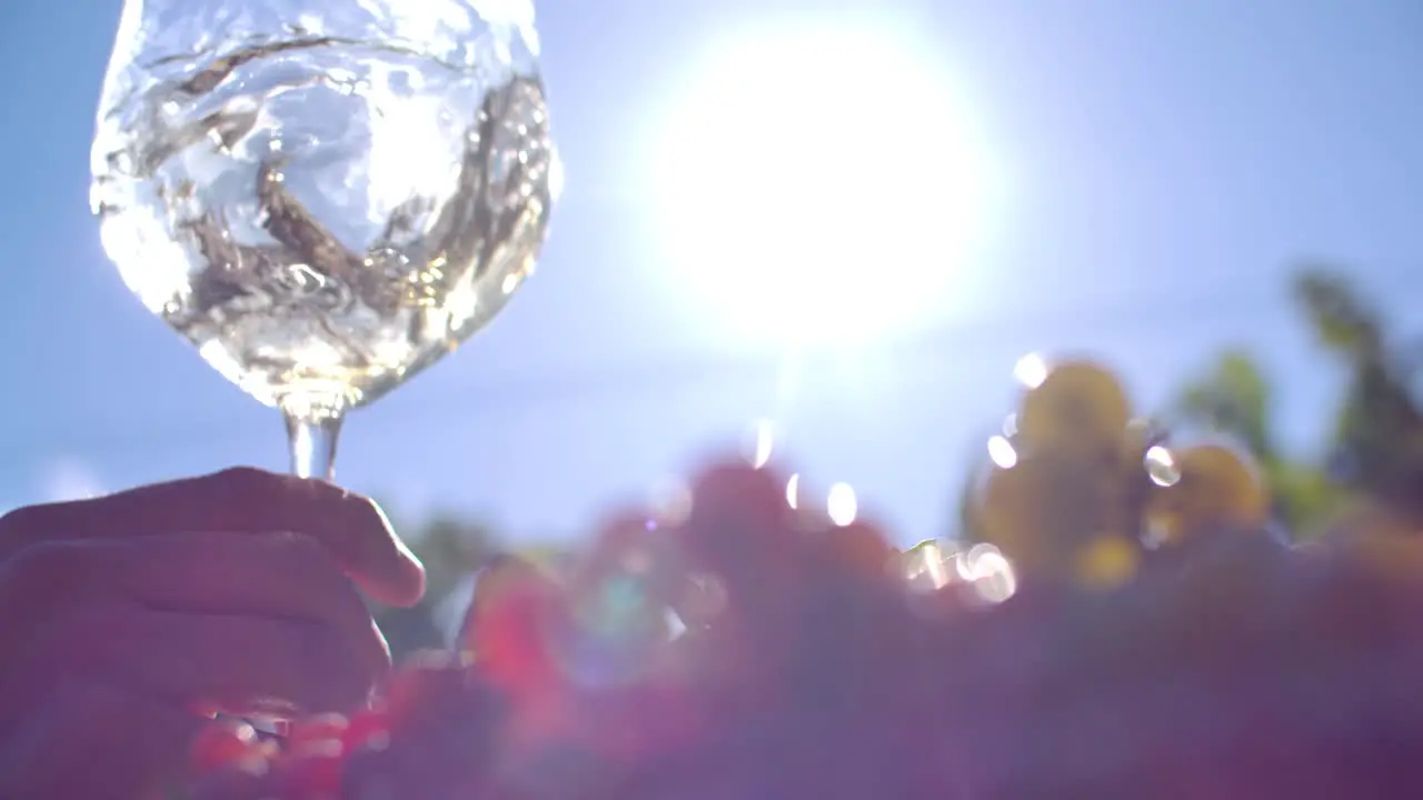 Hand Shaking Glass Half-filled With White Wine Against Sun In Blue Sky