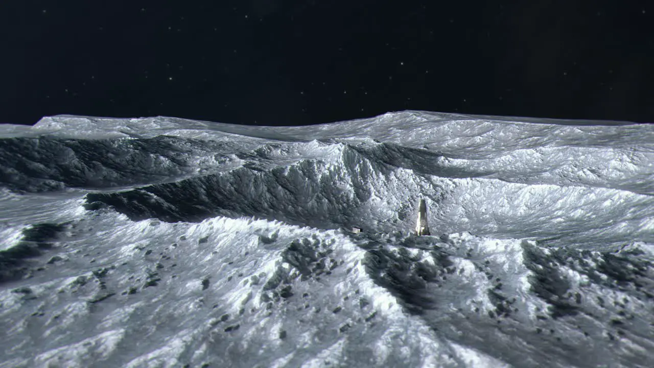 Establishing Shot of a Space Rocket and Astronauts Approaching a Mysterious Monolith on the Surface of the Moon