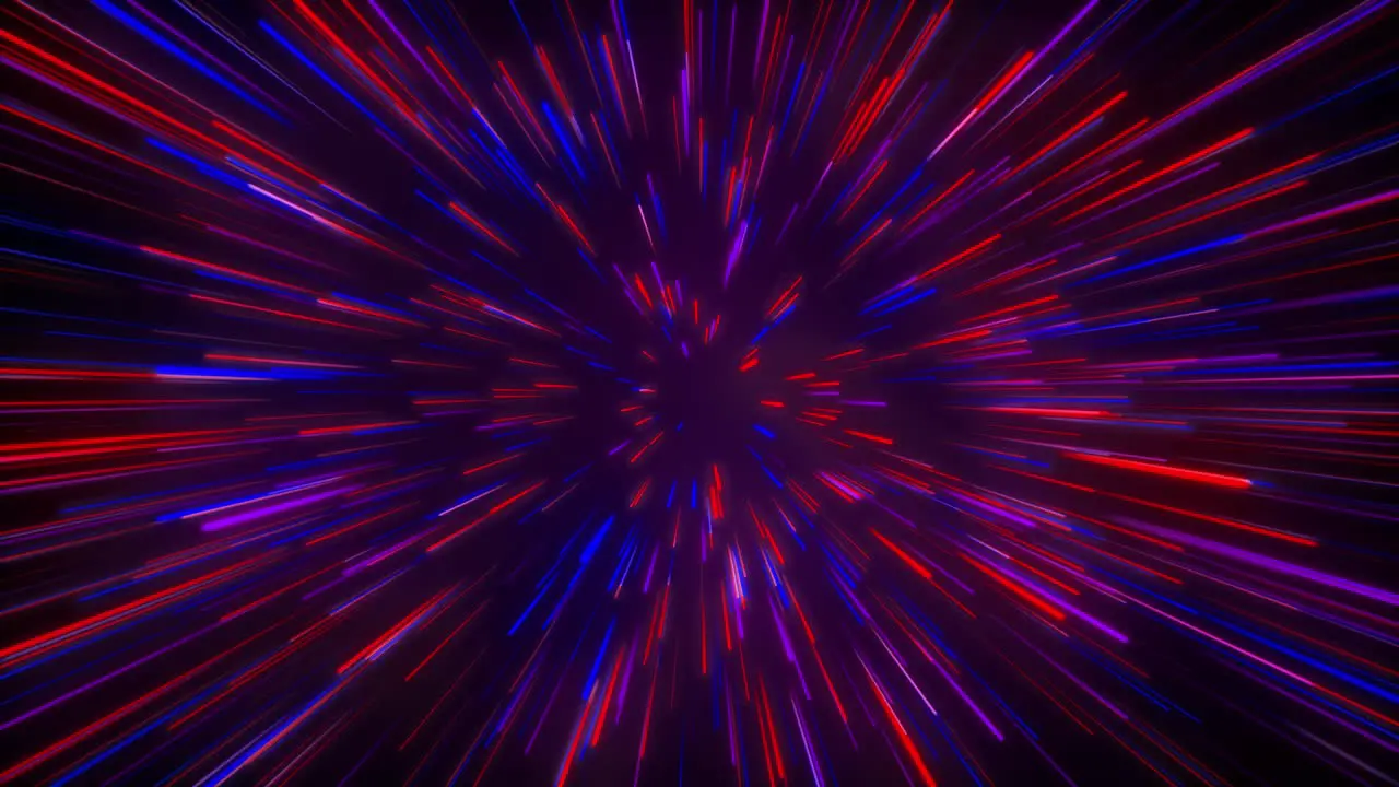 Seamless loop particle light zooming lines tunnel in space air on black background neon glow beam laser abstract 3D animation motion graphics visual effect colourful 4K blue pink red