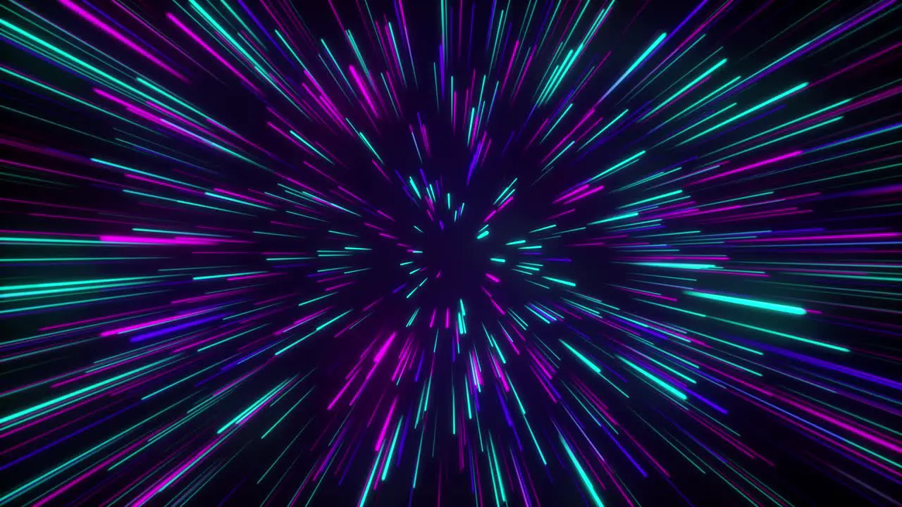 Seamless loop particle light zooming lines tunnel in space air on black background neon glow beam laser abstract 3D animation motion graphics visual effect colourful 4K teal pink purple