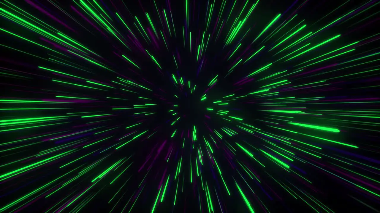 Seamless loop particle light zooming lines tunnel in space air on black background neon glow beam laser abstract 3D animation motion graphics visual effect colourful 4K green purple