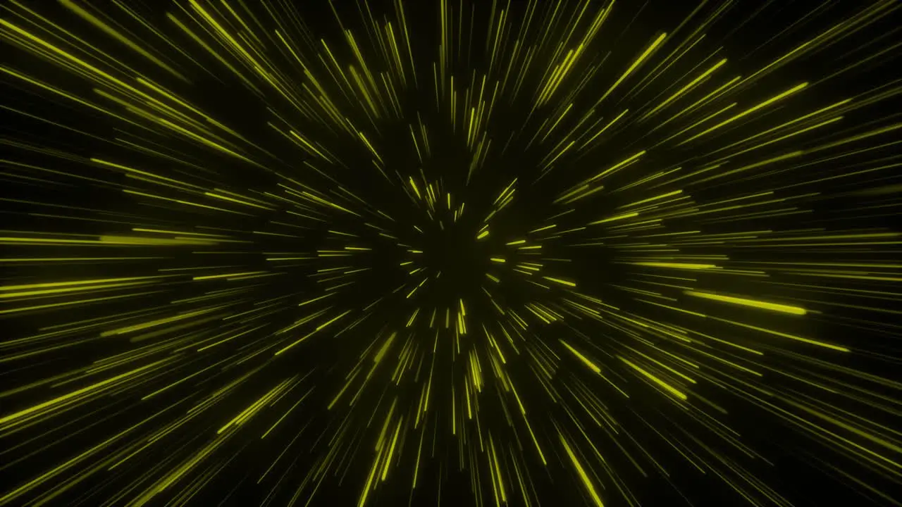 Seamless loop particle light zooming lines tunnel in space air on black background neon glow beam laser abstract 3D animation motion graphics visual effect colourful 4K yellow gold