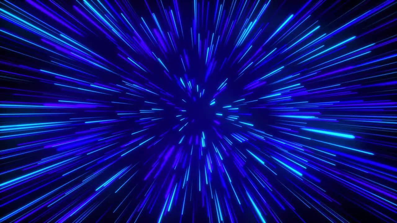 Seamless loop particle light zooming lines tunnel in space air on black background neon glow beam laser abstract 3D animation motion graphics visual effect colourful 4K blue