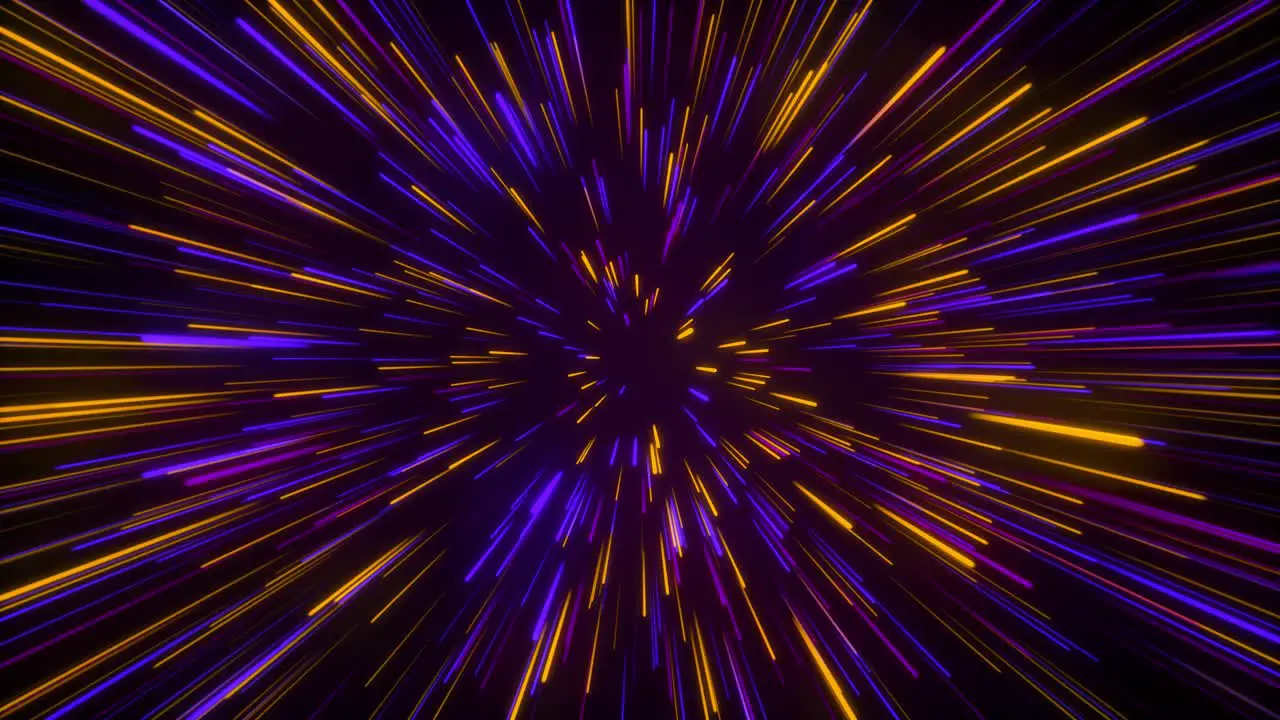 Seamless loop particle light zooming lines tunnel in space air on black background neon glow beam laser abstract 3D animation motion graphics visual effect colourful 4K purple orange