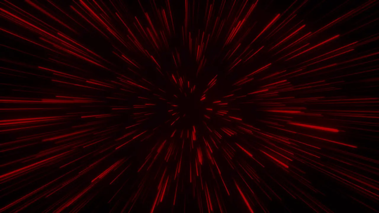 Seamless loop particle light zooming lines tunnel in space air on black background neon glow beam laser abstract 3D animation motion graphics visual effect colourful 4K red