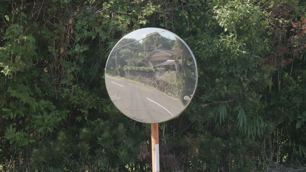 Convex mirror reflecting a curved road and greenery with clear sky safety concept