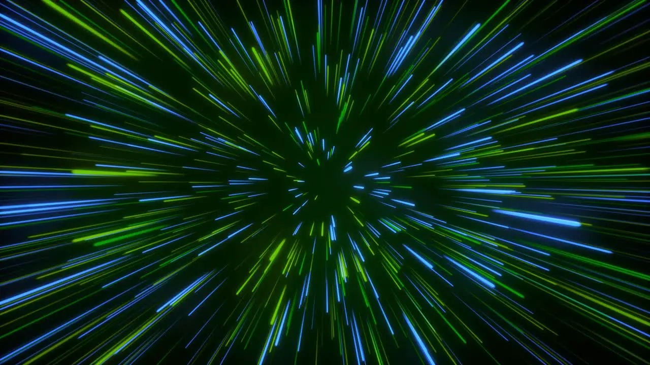 Seamless loop particle light zooming lines tunnel in space air on black background neon glow beam laser abstract 3D animation motion graphics visual effect colourful 4K blue green