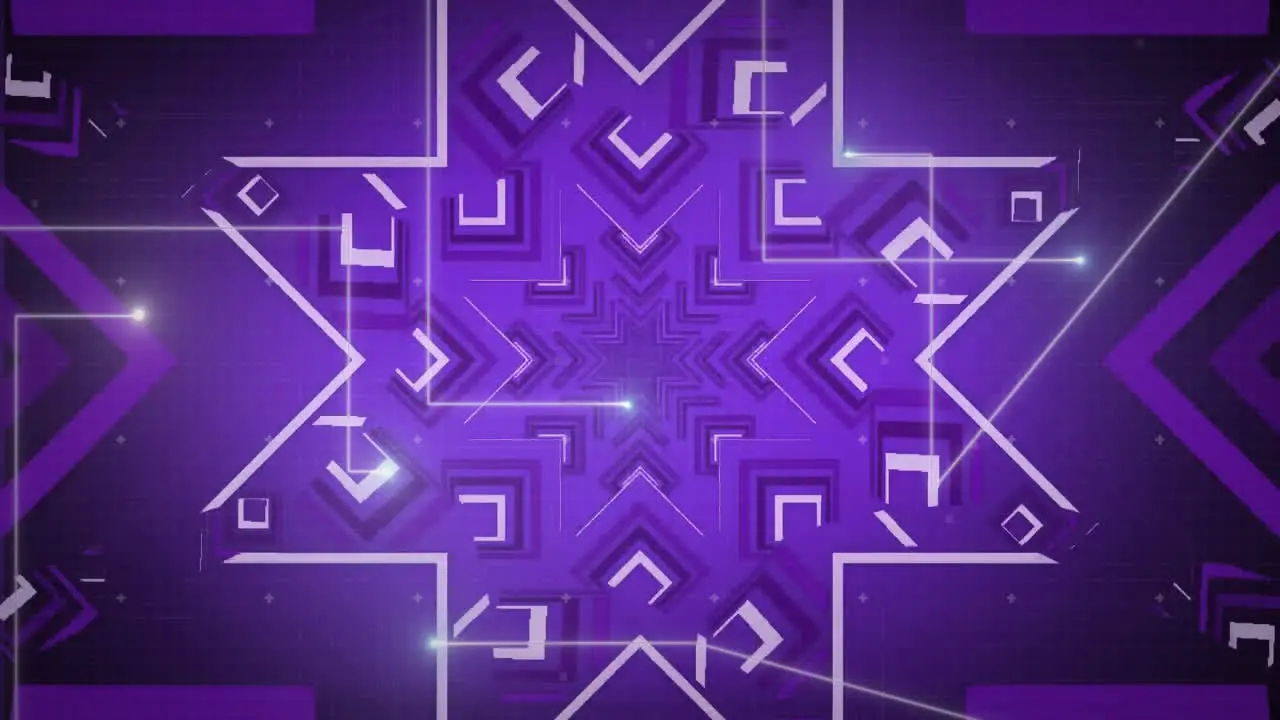 Animation of white star outline kaleidoscope pattern moving on purple background