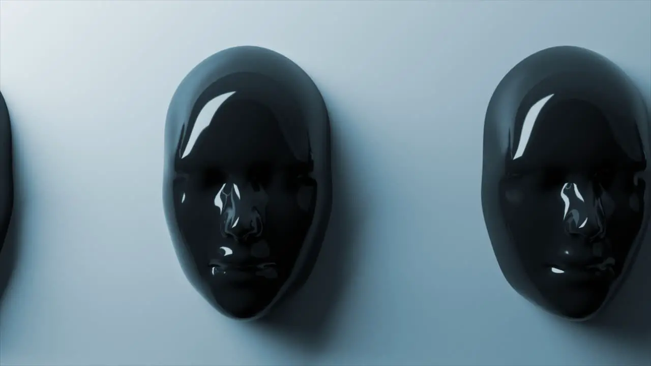 Glossy black masks in 3D animation creating an air of enigma with their reflective surface against a cool blue background