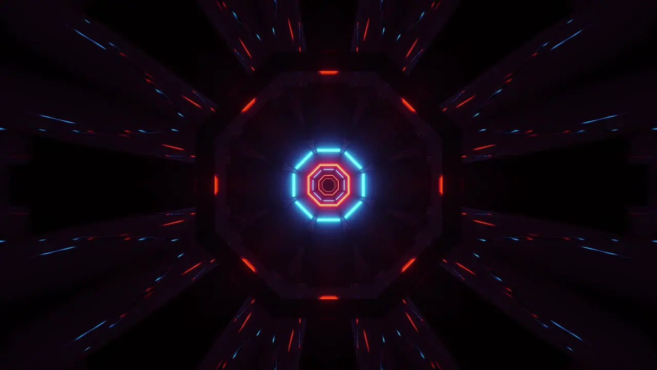 Motion graphics of dark space with bright colorful light rays of various shapes emitting and penetrating out