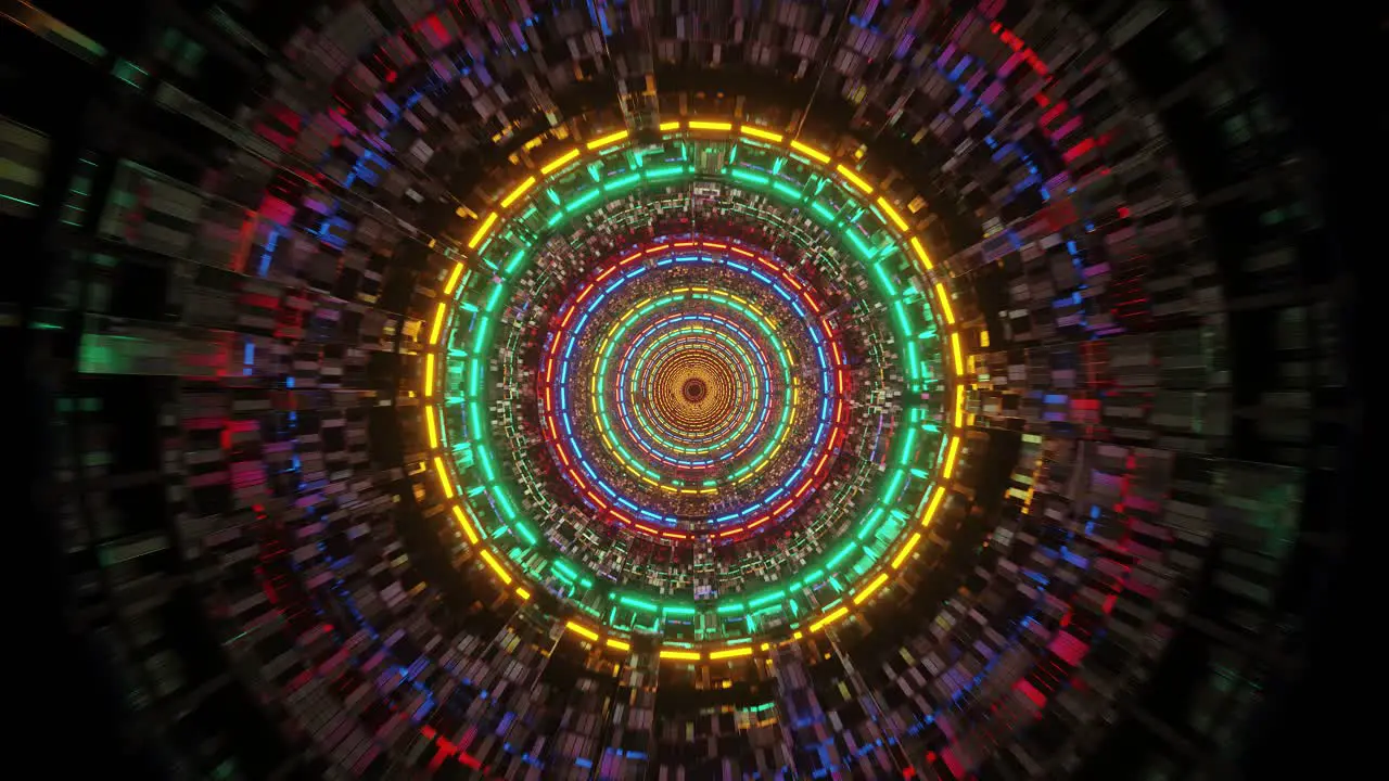 Psychedelic immersive vivid and bright glowing revolving spheres moving centrifugally