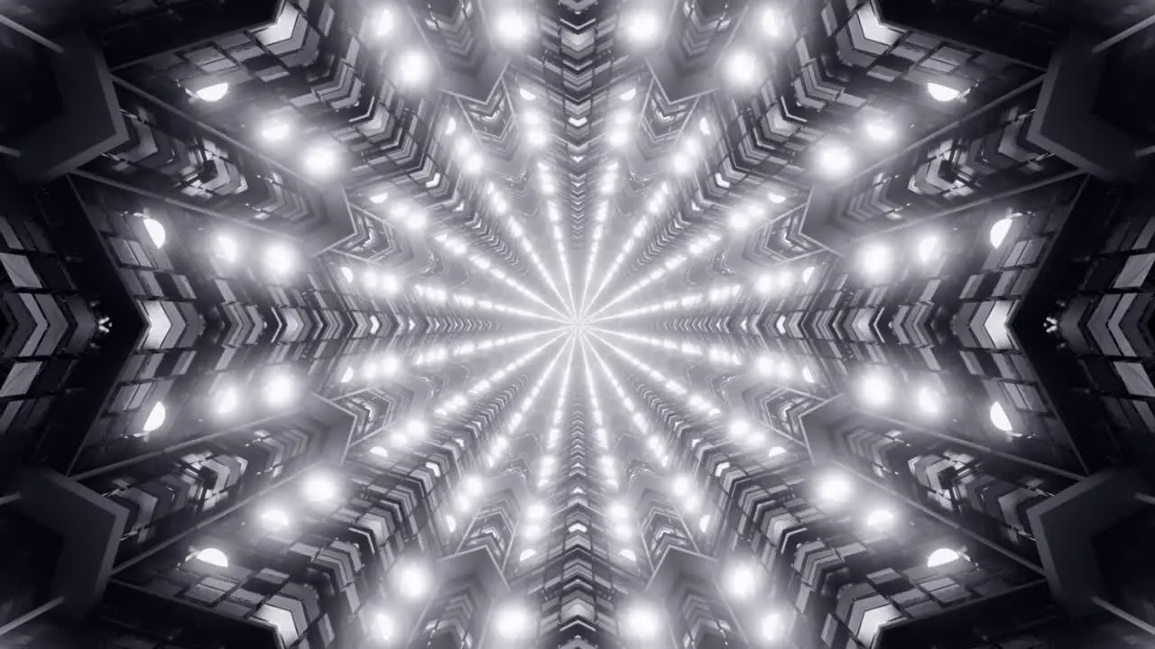 Star shaped tunnel with bright monochromatic lights in the corners