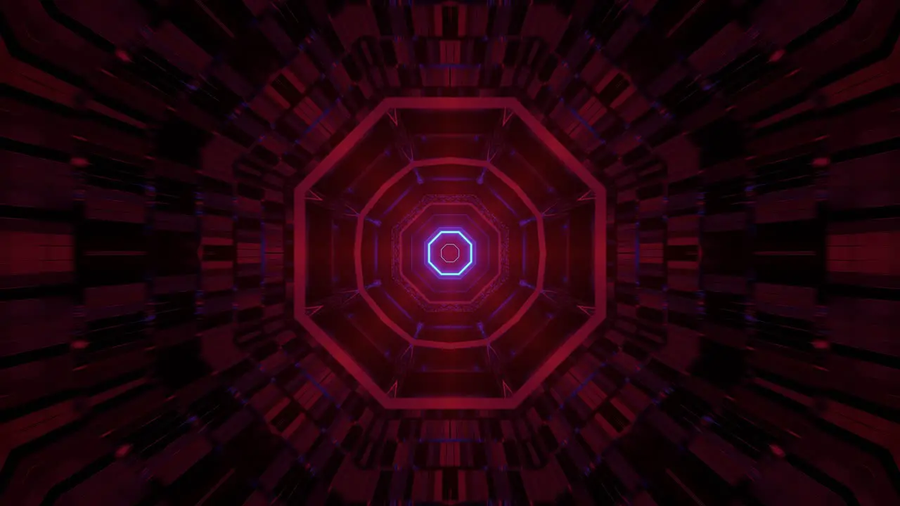 Computerized immersive hollow space with cyan and orange patterns in octagon shape emitting from center