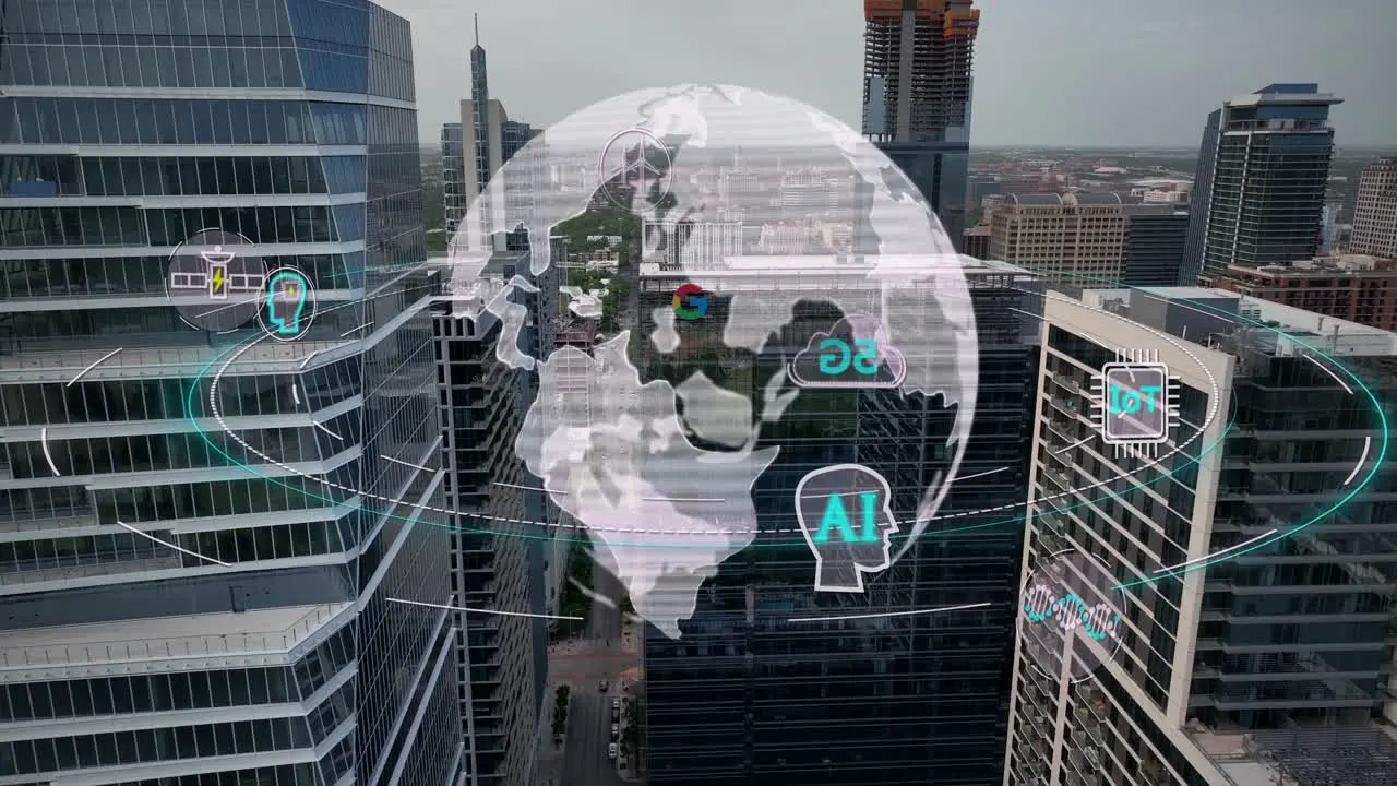 Digital animation of global networks and technology icons at Google skyscraper in America city