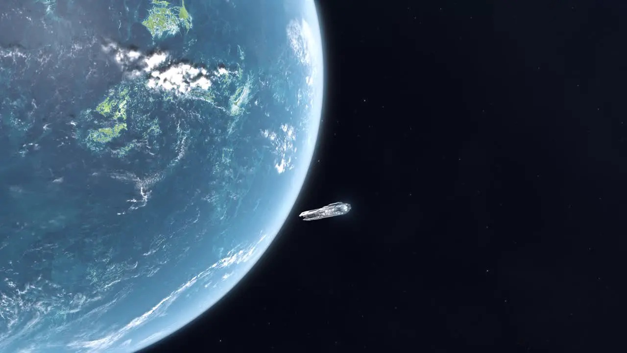 Large Futuristic Spaceship Entering Orbit of an Ocean Exoplanet