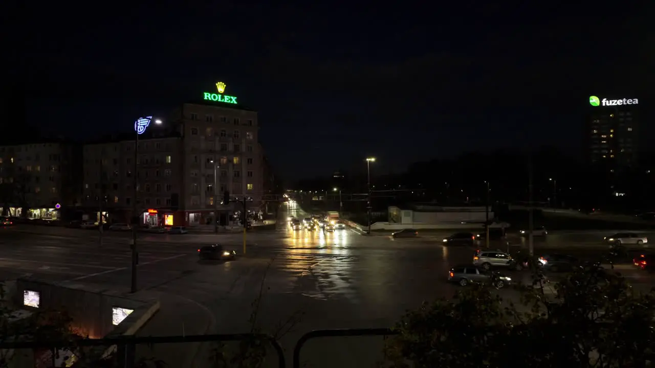 car traffic at the crossroad between 'Evlogi and Hristo Georgievi Boulevard' and 'Bulgaria Boulevard' at night