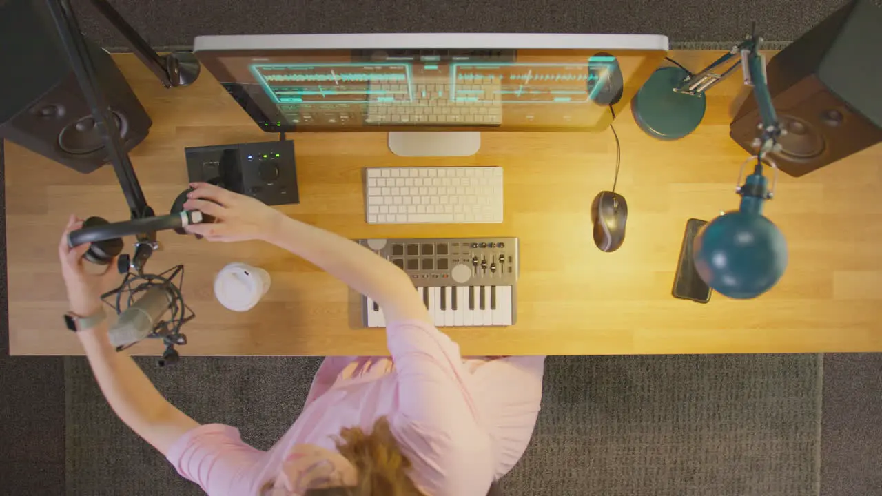 Overhead View Of Female Musician At Computer In Studio Finishing Work And Turning Off Lights