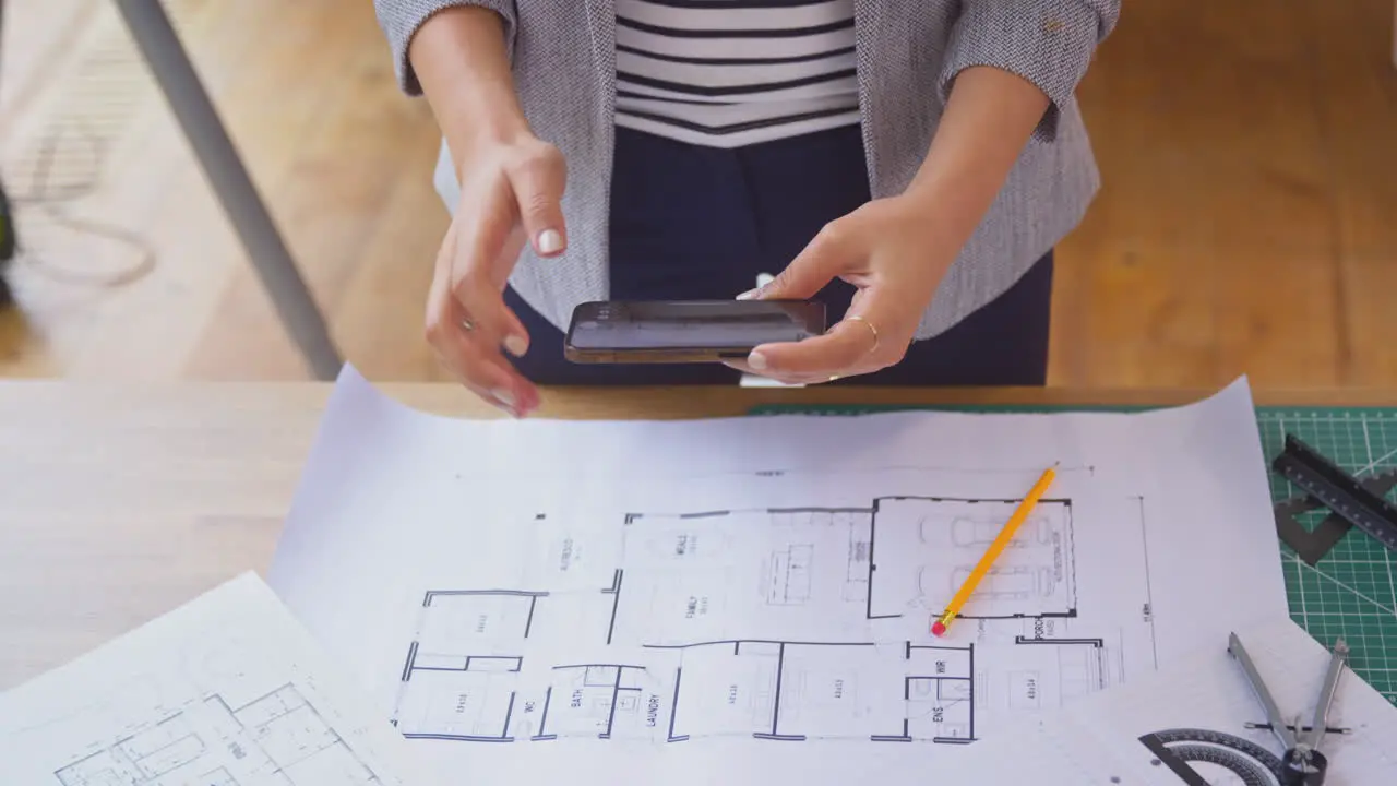 Female Architect Working In Office Sitting At Desk Taking Picture Of Plans On Mobile Phone