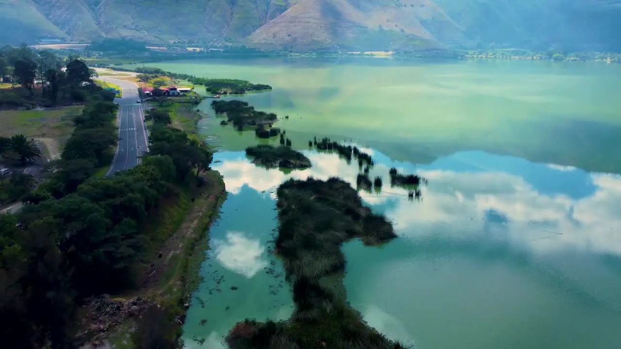 Drone flight over Yahuarcocha Lagoon in Ibarra Ecuador