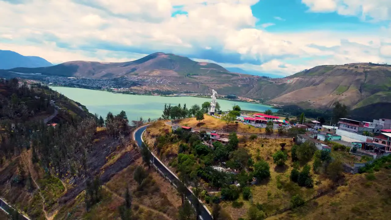 Drone view of Yahuarcocha Lagoon in Ibarra Ecuador