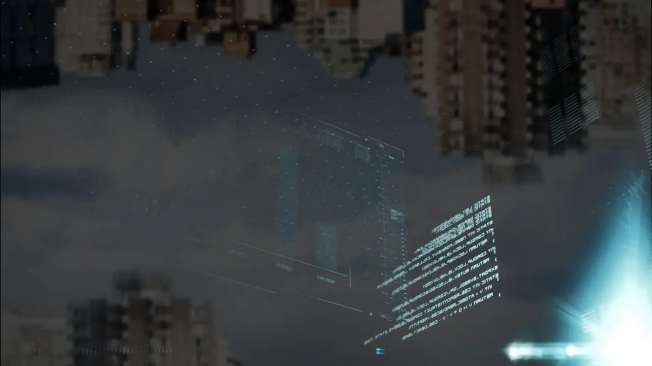 Animation of graphs loading bars and computer language over modern buildings against cloudy sky