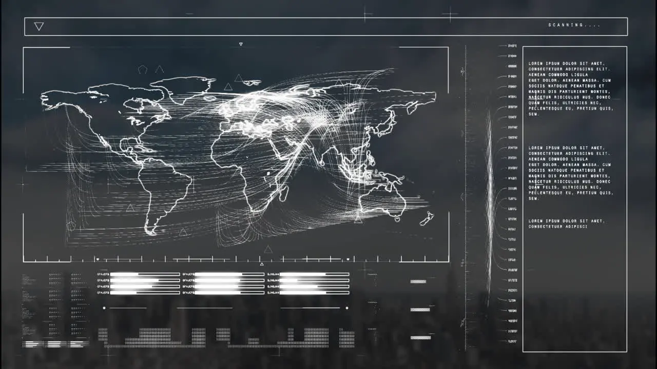 Animation of illuminated loading bars map over modern cityscape against cloudy sky