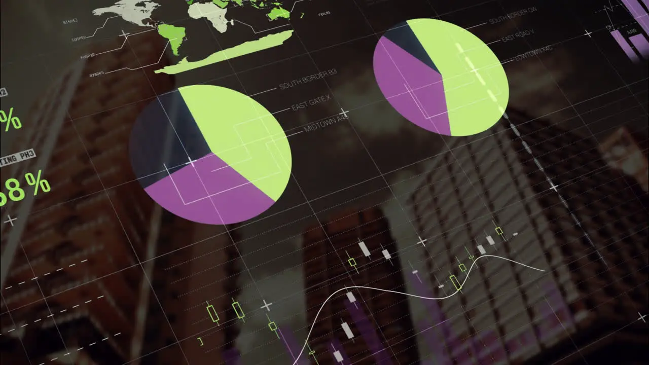 Animation of multicolored infographic interface over low angle view of buildings against cloudy sky