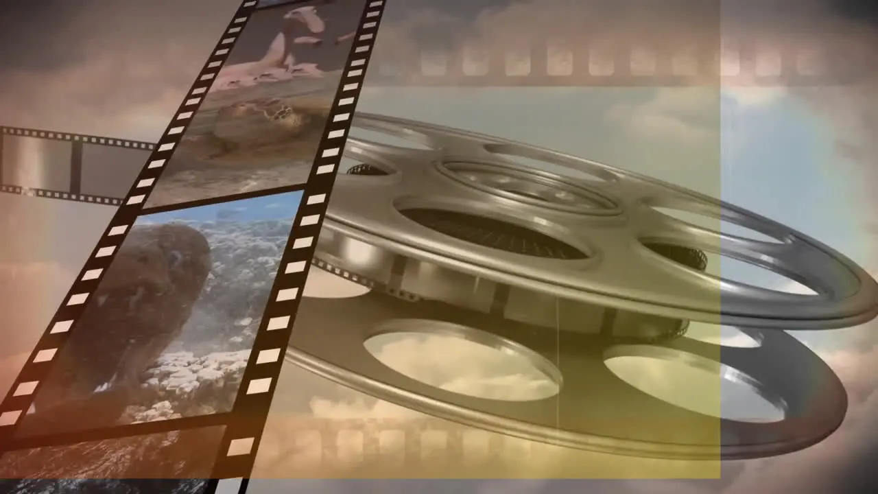 Animation of multiple wild animal in film reel over spinning roll against cloudy sky