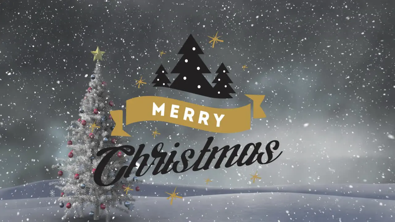 Animation of merry christmas text over snowfall on decorated christmas tree against cloudy sky