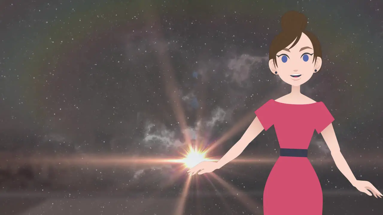 Animation of illustrative talking woman and lens flares flying against cloudy sky